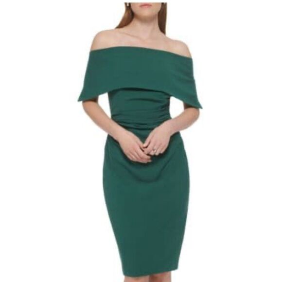 VINCE CAMUTO GREEN OFF THE SHOULDER BODY CON RUCHED DRESS SIZE 6 NWT $148 - Picture 15 of 16